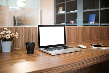 Mockup workspace  laptop on desk.