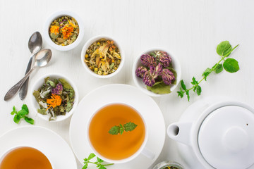 cup of herbal tea, white background