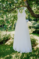 brides wedding dress hanging from a tree in the garden