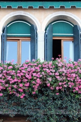 Fototapeta na wymiar Two old Windows with summer flowers on the cornice in Venice Italy