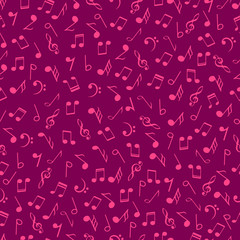 Colorful music notes seamless pattern, crimson color. Abstract vector texture musical symbols. Cartoon subject of music style