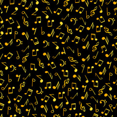 Vintage music decorative notes seamless pattern. Gradient golden colors simbols on black background. Abstract vector texture musical symbols.