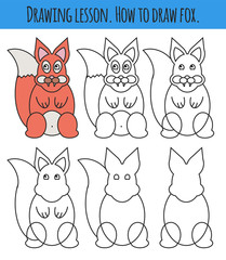 Drawing lesson for children. How draw a cartoon cute fox. Drawing tutorial with funny cartoon animal. Step by step repeats the picture. Kids activity page for book. Vector illustration.