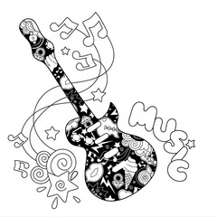 Fashion black and white trendy print. Abstract pop art drawing guitar for t-shirts.