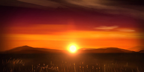 Illustration of orange sunset with far away mountain range and South Africa safari landscape.