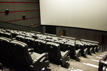 Lviv, Ukraine - 04.02.2019: Planeta Kino cinema theatre before morning presentation. 4DX Technology. © alipko