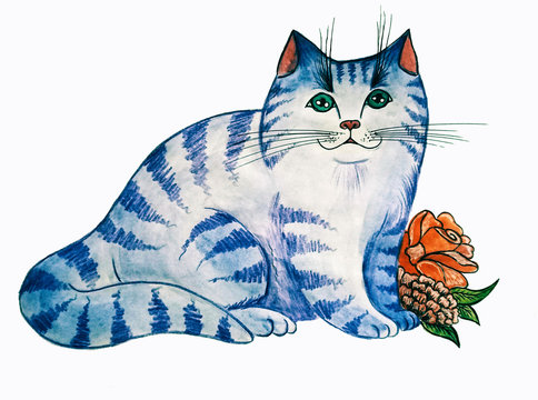 A fat blue cat with red flower. Watercolor illustration