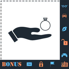 Male hands holding engagement ring icon flat