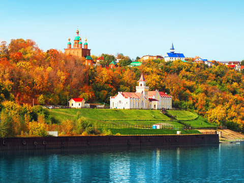 Autumn, view from the Kama River. Cityscape, historical center, church of Saint  Nicholas of Myra city of Sarapul. Udmurt republic, Russia