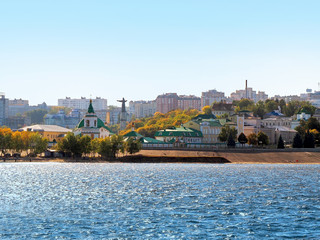 Cheboksary downtown, cityscape. Embankment, Cheboksary bay, historical center, residential neighborhoods, monument Mother Protecting, sunset