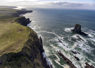 Aerial birds eye view Loop Head Peninsula landscape, along the wild atlantic way in West Clare Ireland