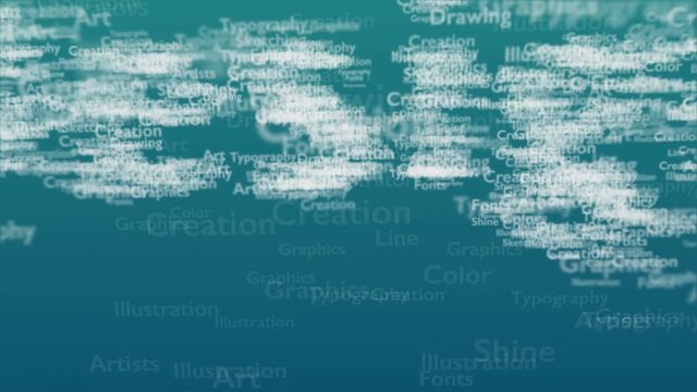 Light blue background with different words, which deal with design. Close up. Copy space. 3D. Animatiom. 4K.