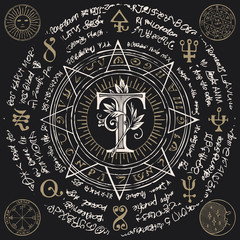Illustration of the letter T in an octagonal star with magical inscriptions and symbols in retro style. Vector banner, mascot with old manuscript written in a circle on the black background.