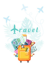 Airline routes, suitcase with phone, map, parfume, hair dryer, ticket, camera, clothes. Leaves monstera and palm backdrop with things necessary traveler. Colorful vector background in flat style.