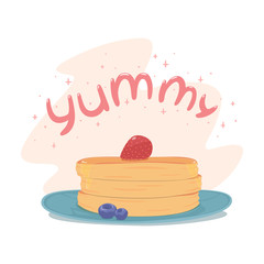 Vector illustration of pancakes on turquoise plate with strawberry, blueberry and syrup. Lettering Yummy with tiny stars.