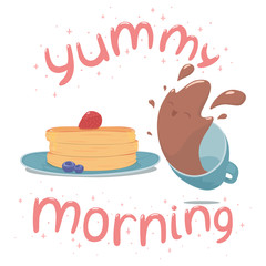 Vector illustration of pancakes with berries and splashing out coffee cup, with lettering Yummy Morning. Isolated on white background.