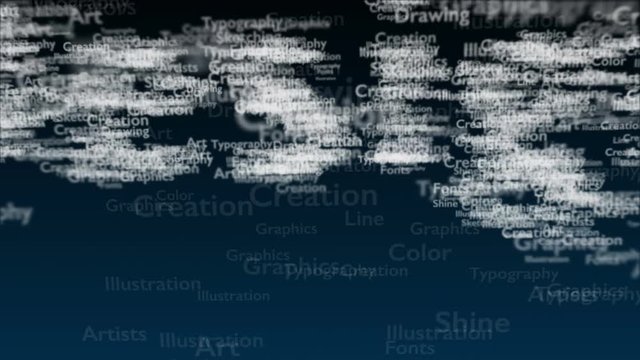 Deep blue background with different words, which deal with design. Close up. Copy space. 3D. Animatiom. 4K.