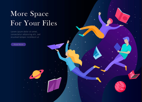 landing page template. Inspired People flying. Create your own spase. Character moving and floating in dreams, imagination and freedom inspiration design work. Flat design style