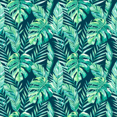 watercolor hand painted seamless pattern tropical leaves an dark background