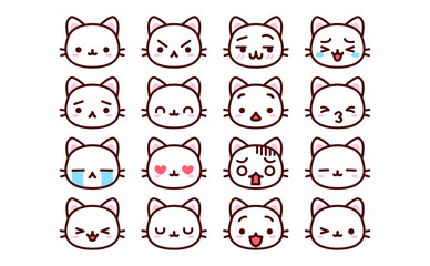 Set Of Cute Cartoon Cat Icons Isolated