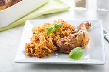 roasted chicken with rice and onions