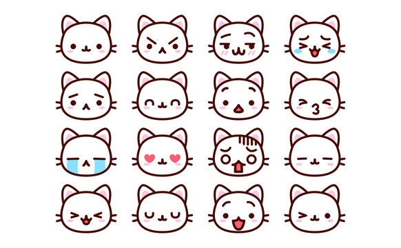 Emojis cat vector set. Cute cats face emoticons and icon in hungry and  crying emotion for signs and symbols isolated in white background. Vector  illustration 3d realistic. Stock Vector