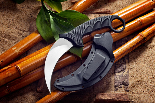 knife kerambit with scabbard on bamboo trunks