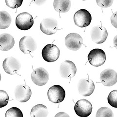 Seamless black and white watercolor pattern of apples on white background