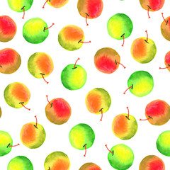 Seamless watercolor pattern of green and red apples on white background