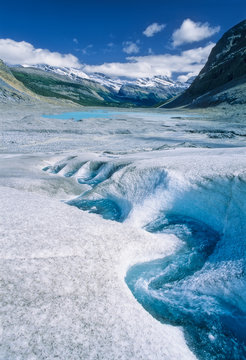 Melt water channel winding down Saskatchewan Glacier, Banff National Park, Alberta, Canada