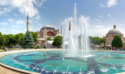 ISTANBUL, TURKEY, 25.05.2018 - View of the Hagia Sophia beyond the fountain in Sultanahmet park