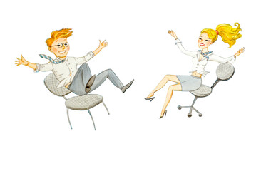 Happy man and woman in white shirts are laughing. Fun at work in the office, a successful transaction, luck. Isolated on white for your design.