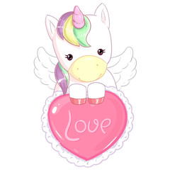 Cute rainbow unicorn with big heart. Valentine's day card.