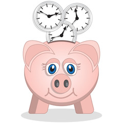 Piggy bank and clock. Vector illustration. Isolated on white background.