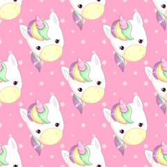 Pattern with a cute rainbow unicorn on a pink background with stars.