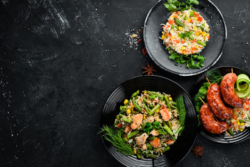 Risotto Dishes of rice Top view. Free copy space.