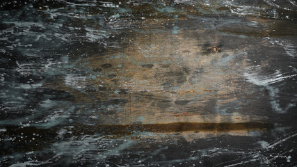 Old wooden blue background. Top view. Free copy space.