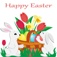 two cute Easter rabbits and a wicker basket with painted eggs , tulips, daffodils on green grass