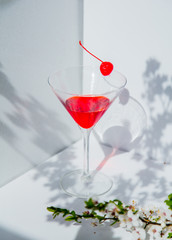 Glass of cocktail and red cherry near branch of blossom cherry
