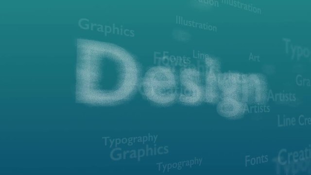 Light blue background with different words, which deal with design. Close up. Copy space. 3D. Animatiom. 4K.