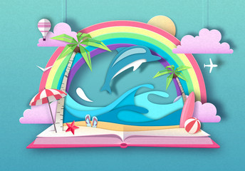 Open fairy tale book with dolphin and tropic beach landscape. Cut out paper art style design