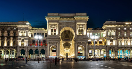 Panorama of Galleria Vittorio Emanuele II at night, Milan, Italy