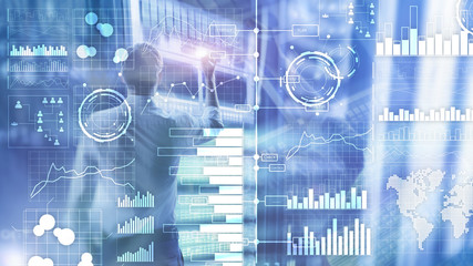 Naklejka premium Business intelligence. Diagram, Graph, Stock Trading, Investment dashboard, transparent blurred background.