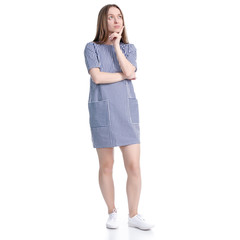 Fototapeta premium Woman in blue dress standing thinking on white background isolation