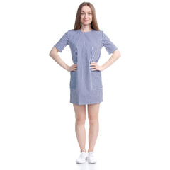 Woman in blue dress standing looking on white background isolation