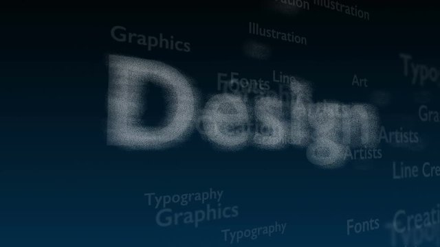 Deep blue background with different words, which deal with design. Close up. Copy space. 3D. Animatiom. 4K.