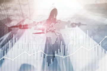 Business finance growth graph chart analysing diagram trading and forex exchange concept double exposure mixed media background website header.
