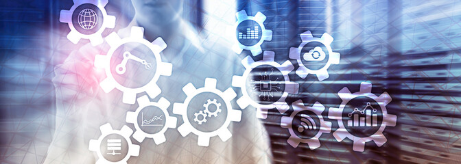 Automation technology and smart industry concept on blurred abstract background. Gears and icons.