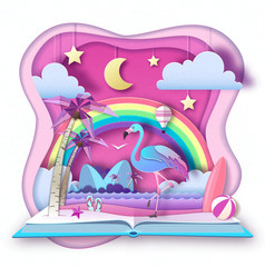 Open fairy tale book with flamingo and tropic beach landscape. Cut out paper art style design