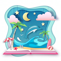 Fototapeta na wymiar Open fairy tale book with dolphin and tropic beach landscape. Cut out paper art style design